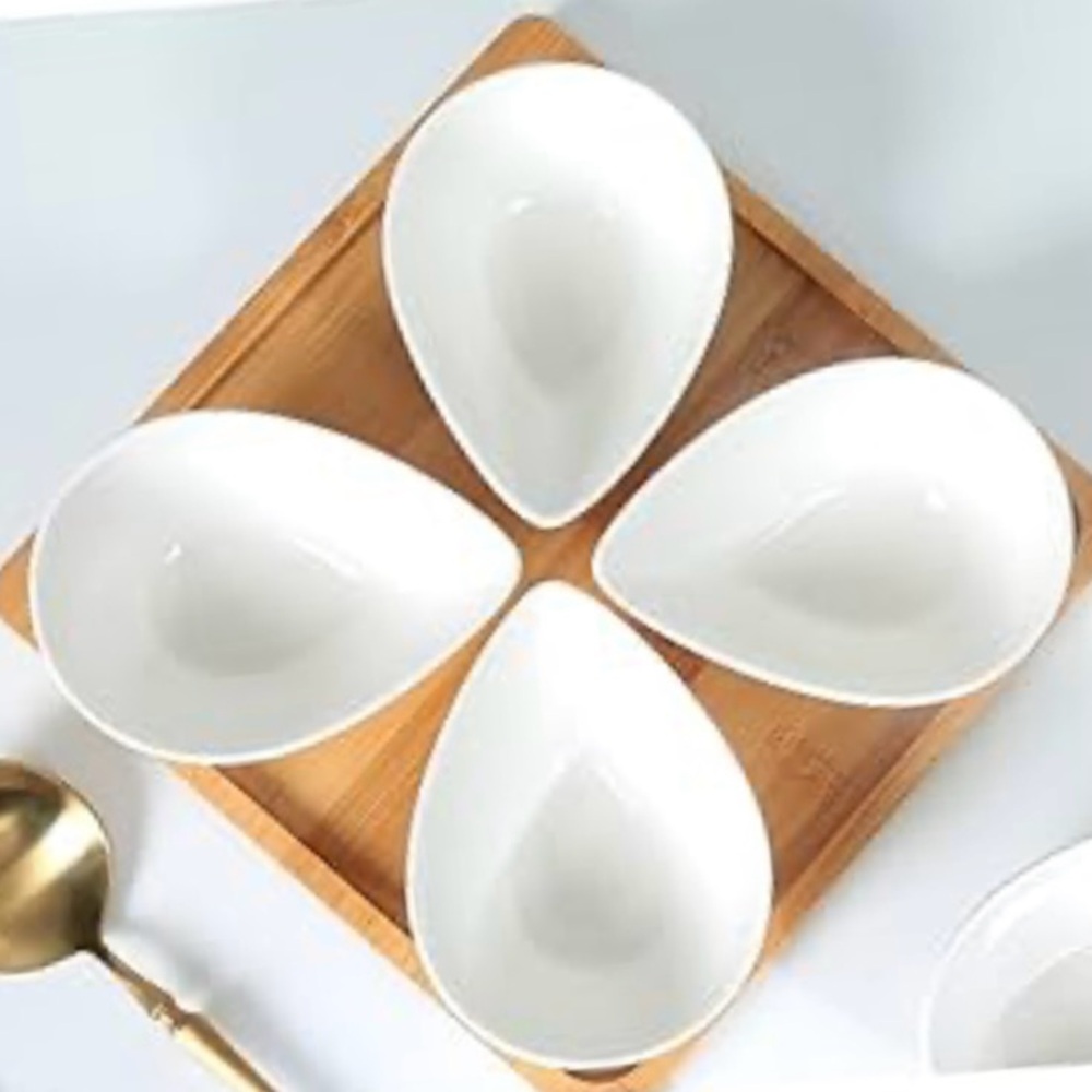 Ceramic Dipping Bowls with Wood Serving Tray